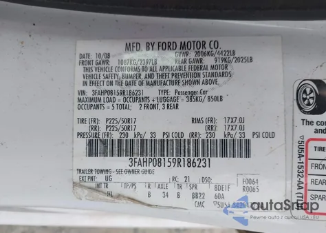 2009 Ford Fusion Sel z USA, uszkodzony, nr VIN 3FAHP08159R186231